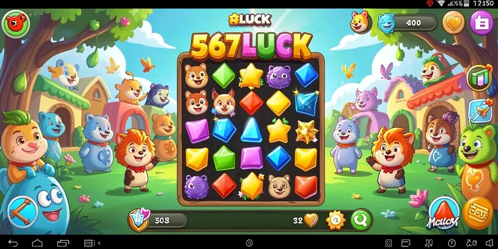 Screenshot gameplay 567LUCK, menunjukkan elemen Match-3 yang berwarna-warni.