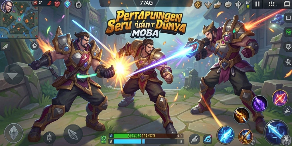 Tangkapan layar dari pertarungan seru dalam game MOBA 77AG.
