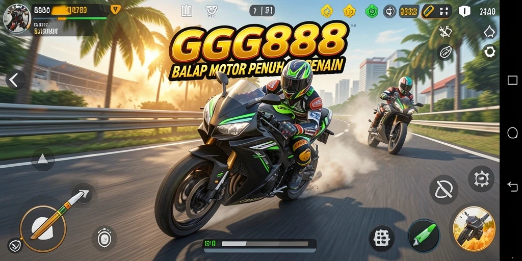Screenshot GGG888 menunjukkan gameplay balap motor yang menarik dan mendebarkan.