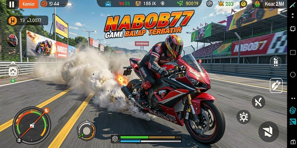 Screenshot gameplay NABOB77 yang mendebarkan dalam balapan motor.