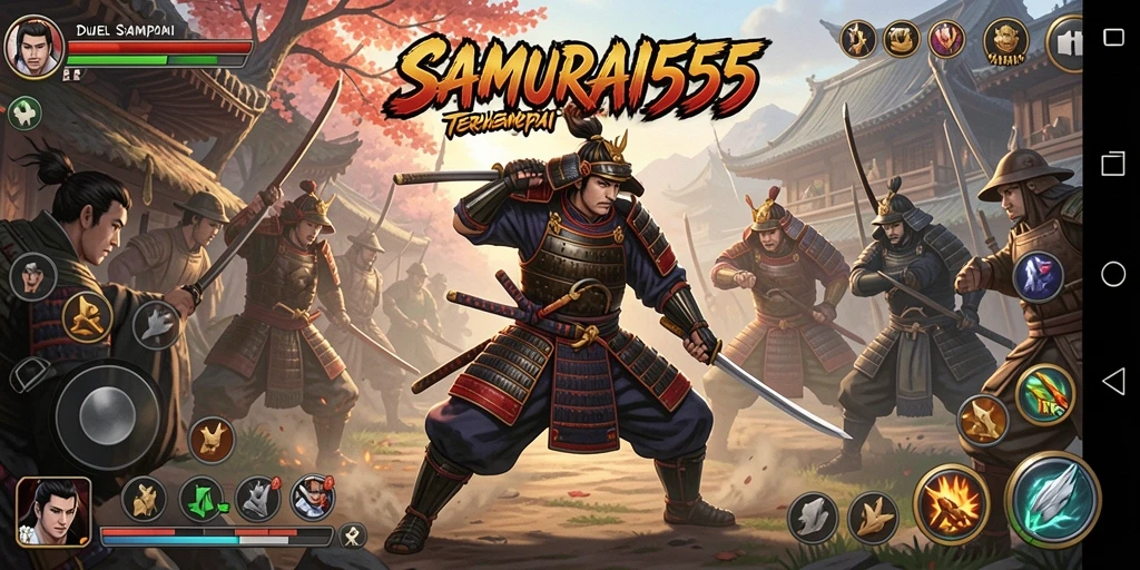 Screenshot gameplay SAMURAI555 menunjukkan aksi pertarungan yang mendebarkan.