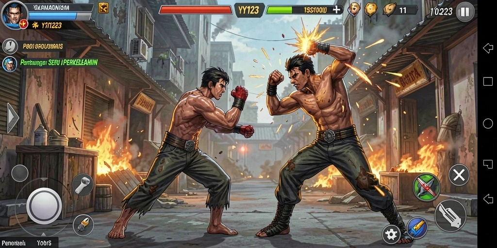 Tampilan gameplay <strong>YY123</strong> dengan karakter bertarung dalam arena yang dinamis.